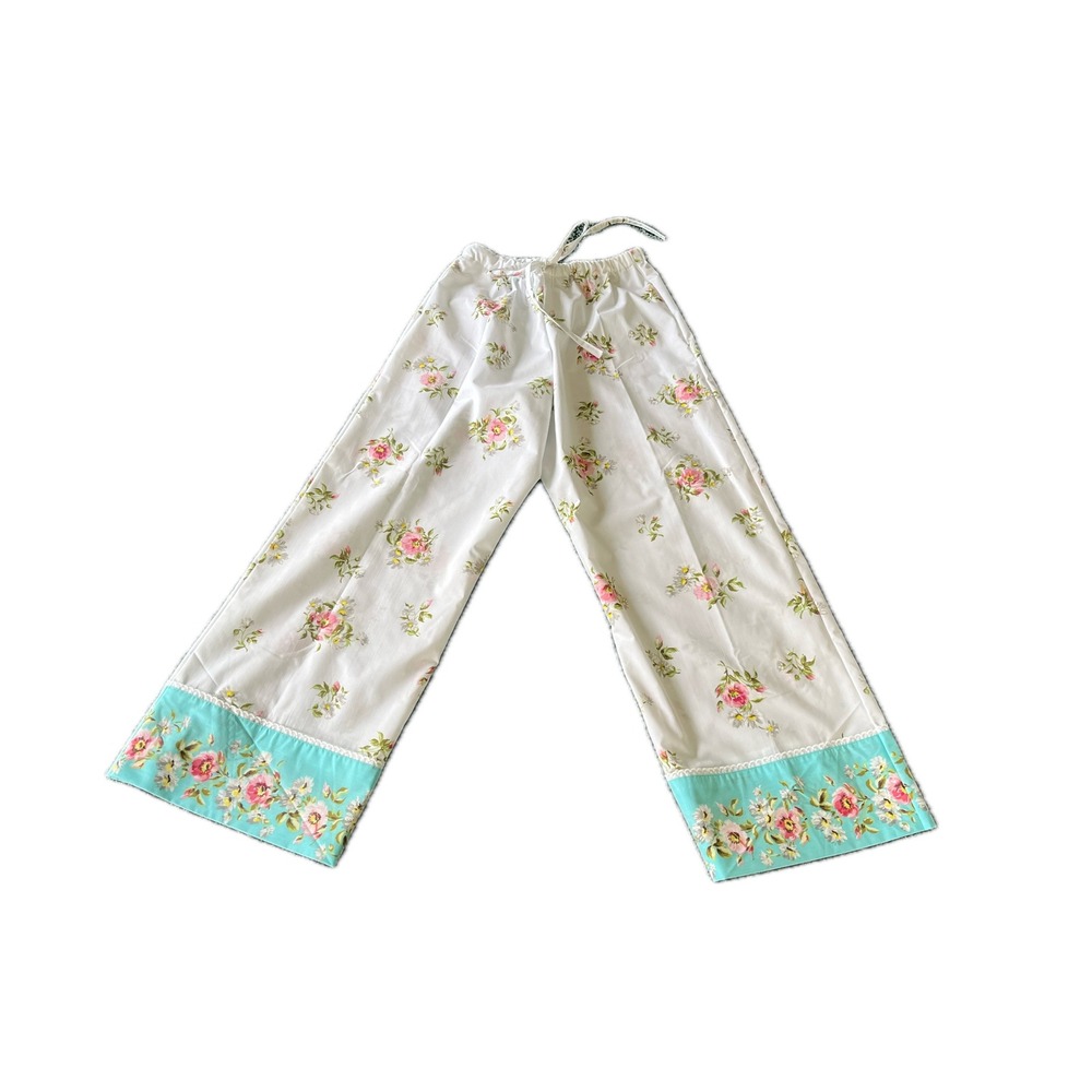 Upcycled Floral Vintage White Turquoise Wide Leg Pants Pockets Sz L Cottagecore